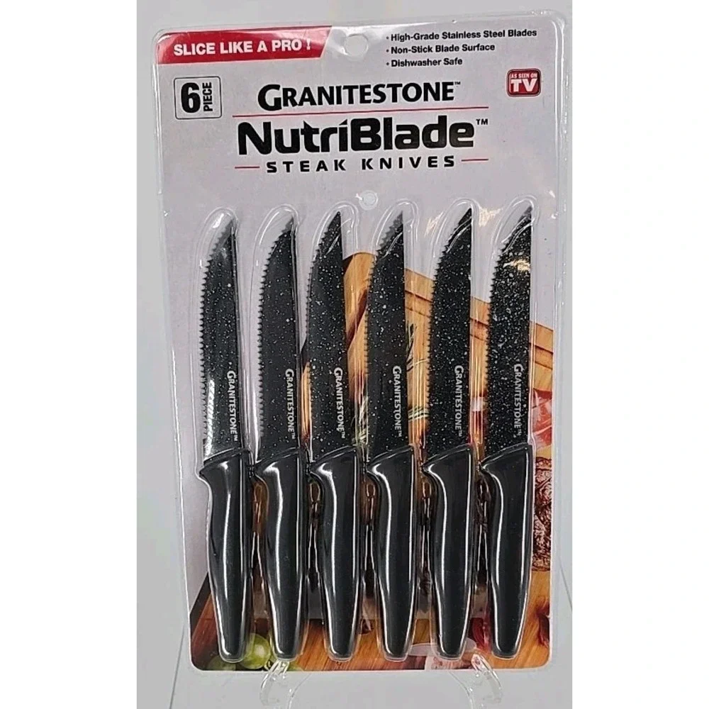 NEW Granitestone NutriBlade 6pc Stainless Steel Steak Knife Set Rust-Proof BLACK
